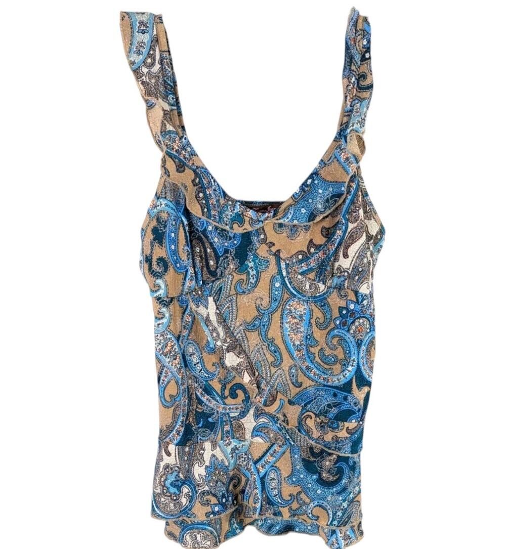 Paisley Print Tan Light Blue Tank Top Size Small Womens Y2K Lena Jeans Glitter